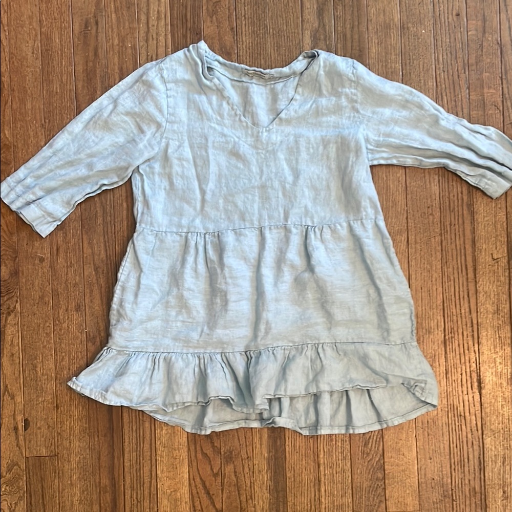 Laura Bianchi Light Blue Ruffle Hem Linen Shirt